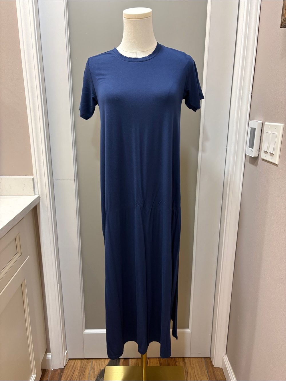 Classic Navy Short-Sleeve Maxi Dress
